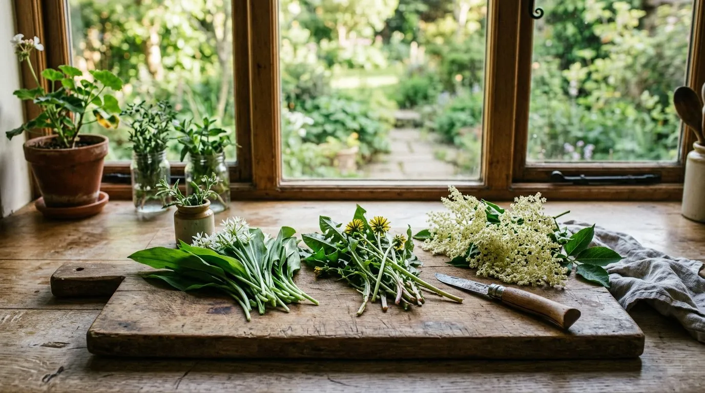 Foraged edible plants including wild garlic, dandelion greens, and elderflower heads on a wooden chopping board in a UK kitchen