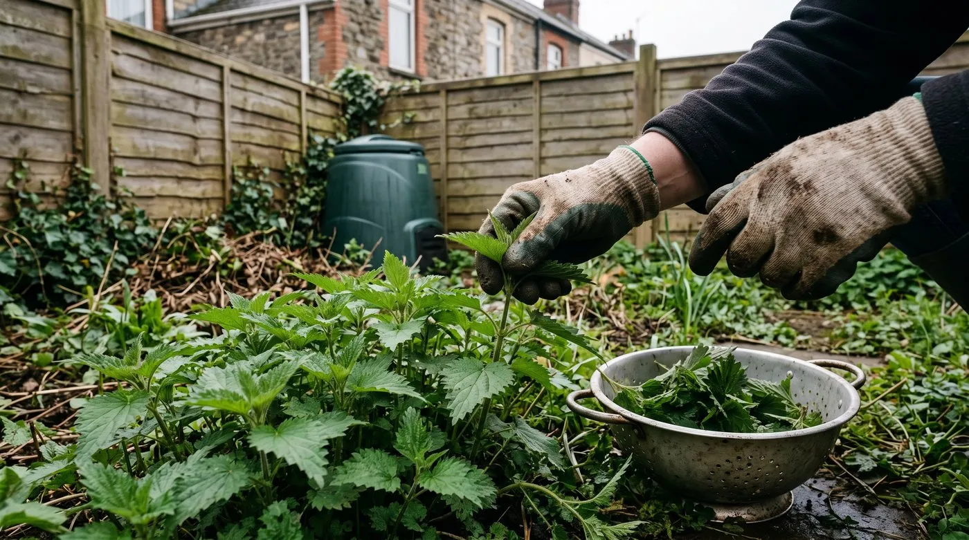 Gloved hands picking the top leaves of young stinging nettles into a colander in a garden corner