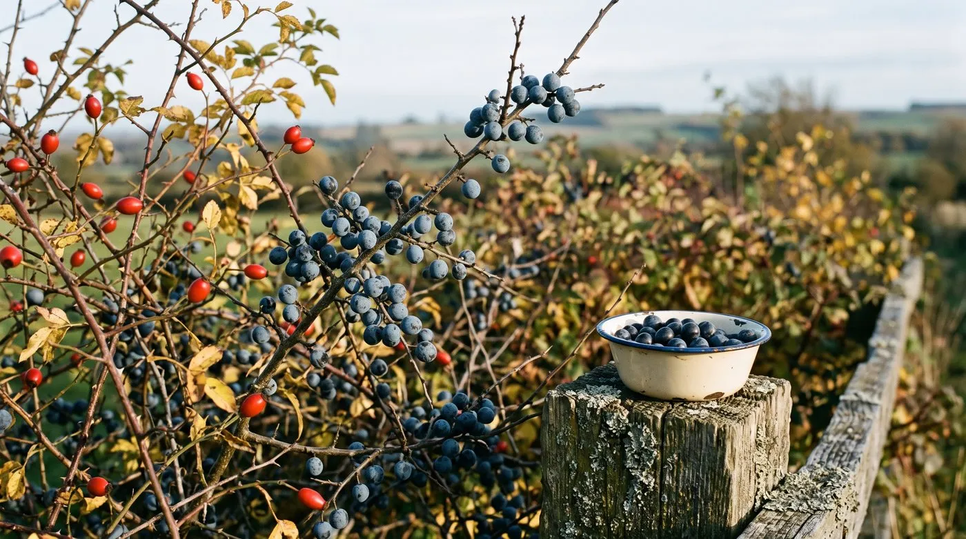 Blue-black sloes on blackthorn beside red rosehips in a garden hedge, with a bowl of picked sloes