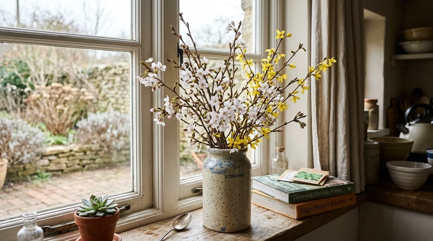 Forced cherry and forsythia branches in full white and yellow blossom displayed in a tall ceramic vase on a UK kitchen window in late February
