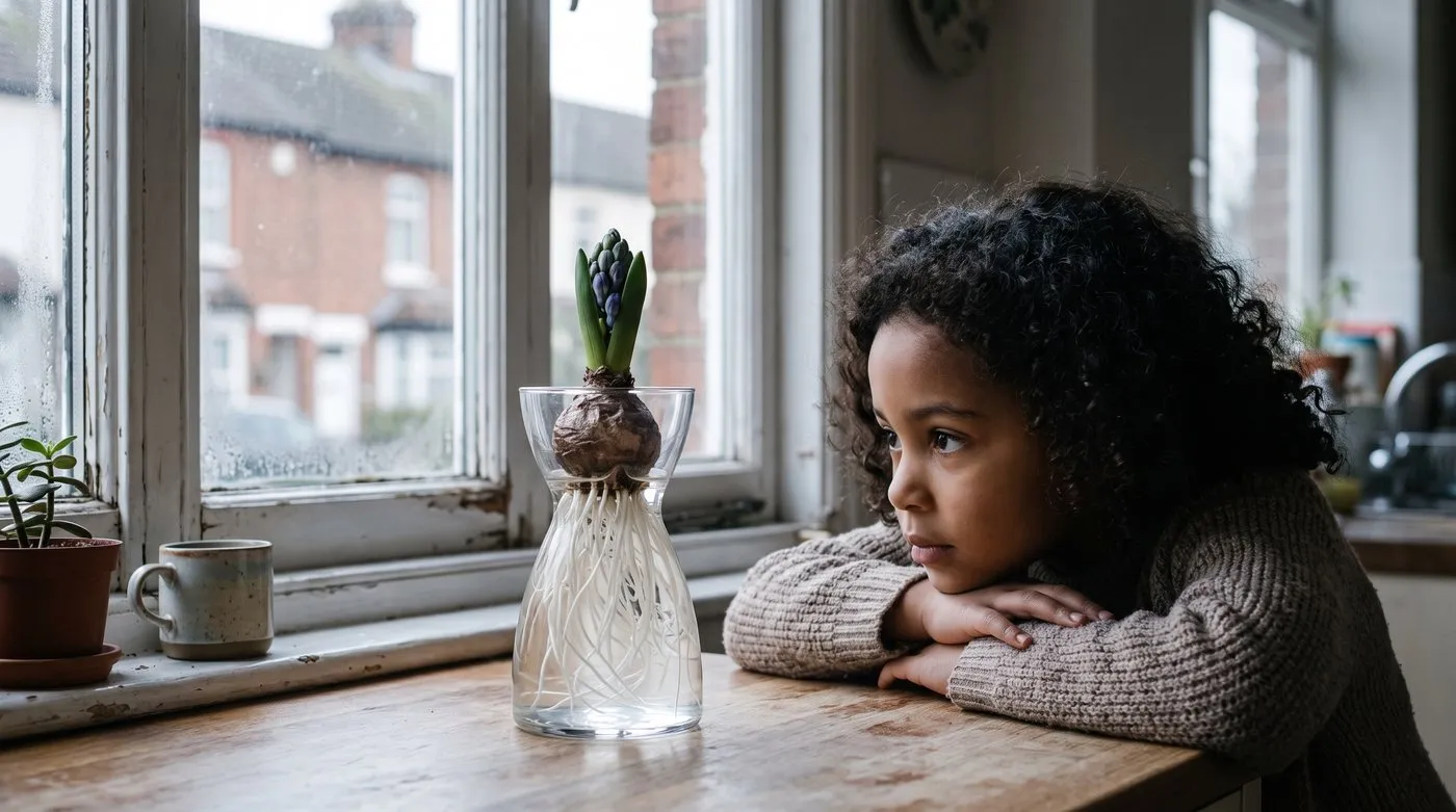 Child watching a forced hyacinth bulb in a glass vase with white roots growing into the water