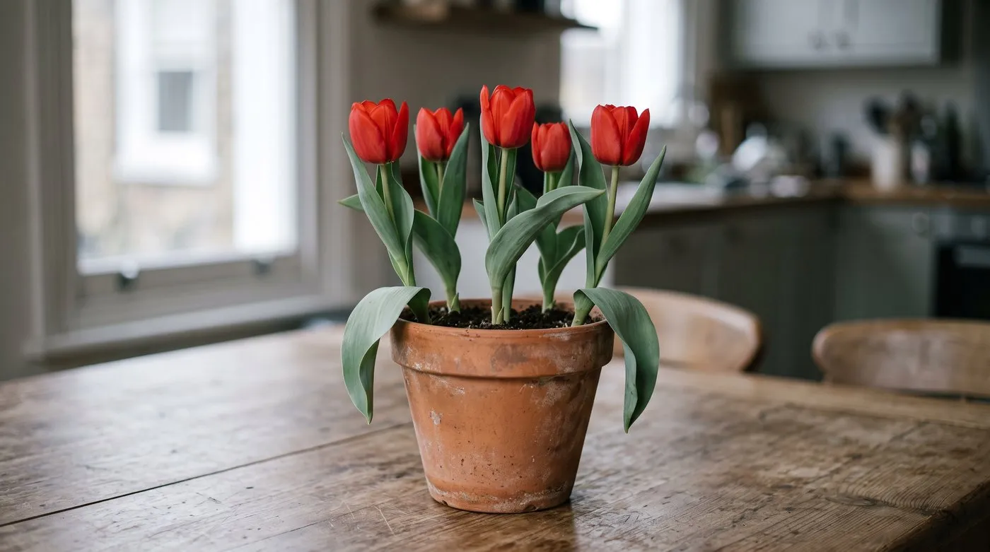 Pot of forced single early red tulips flowering on a kitchen table in late winter