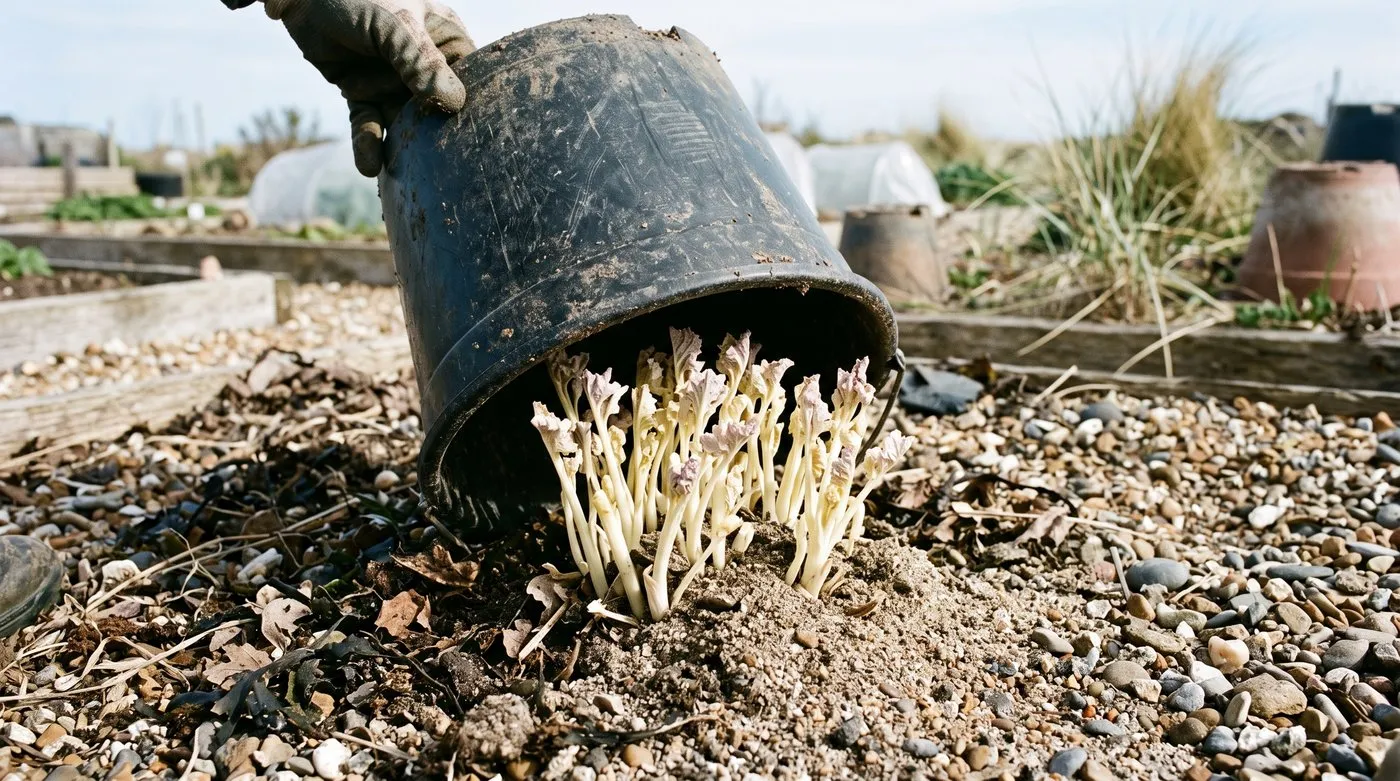 Pale blanched seakale shoots revealed under a lifted bucket in a sandy seaside garden bed