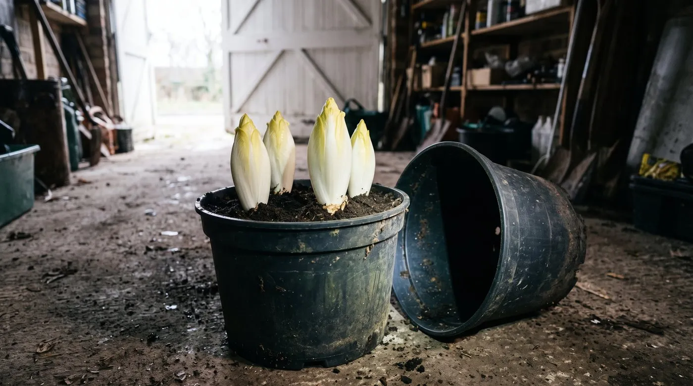 Tight pale Witloof chicons growing from chicory roots in a deep pot of compost in a dark garage
