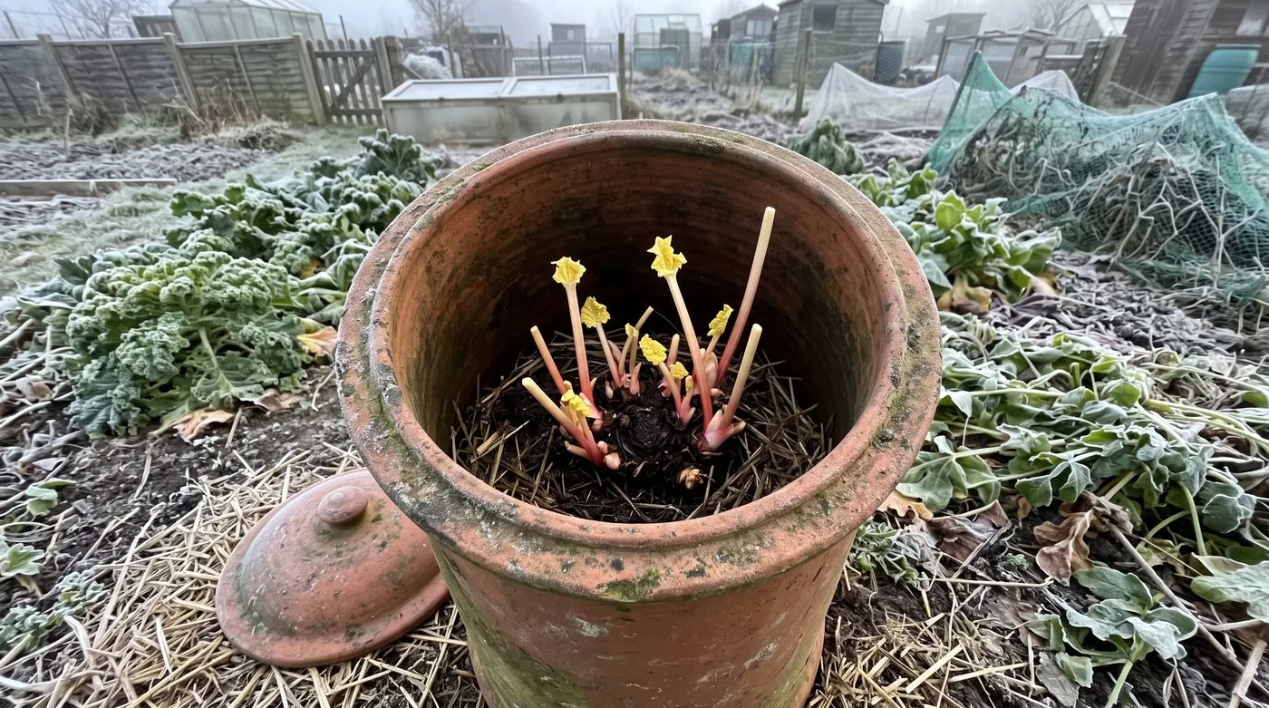 Pale pink forced rhubarb stalks with small yellow leaves growing inside a terracotta forcer with the lid lifted