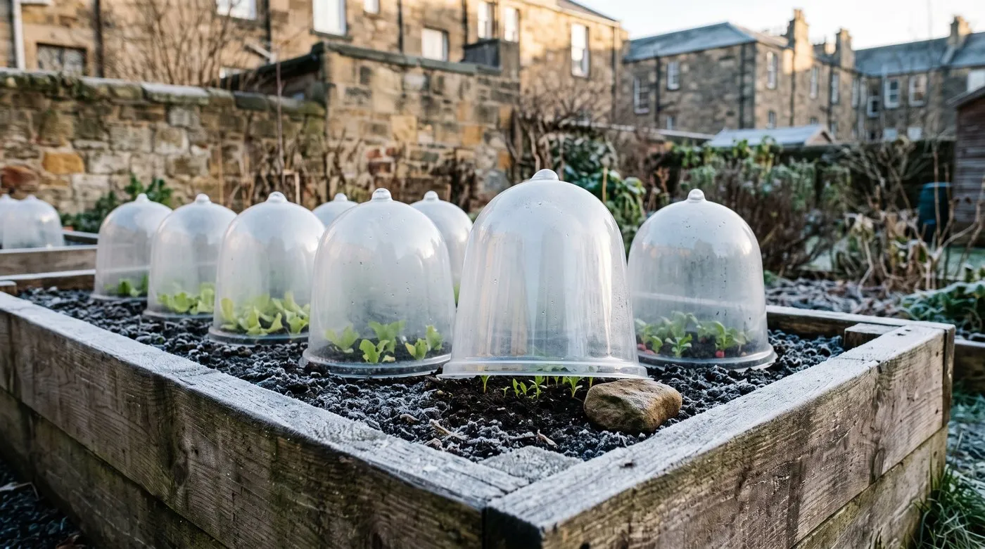 Clear cloches over young lettuce, rocket and radish seedlings in a frosty raised bed in late winter