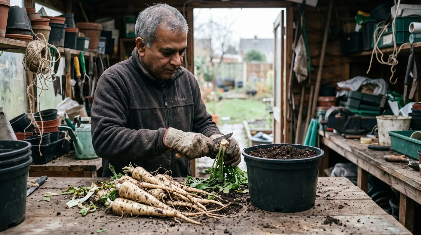 Gardener trimming the leaves from lifted Witloof chicory roots on a shed bench ready for forcing