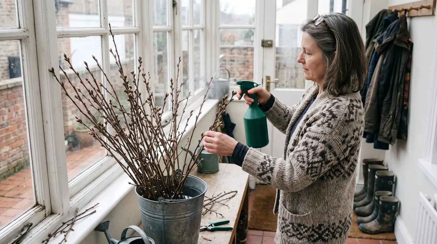 Woman misting cut branches standing in a bucket in a cool porch while conditioning them for forcing