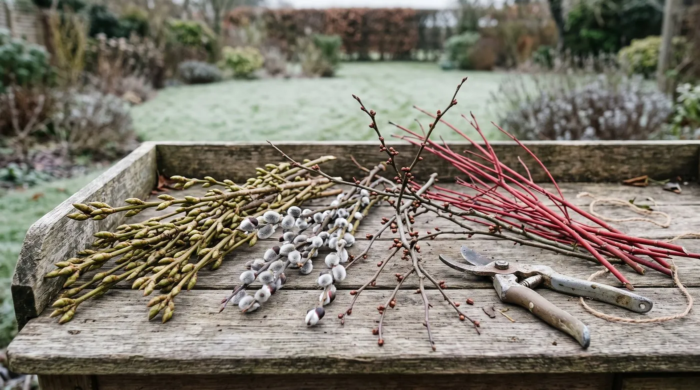 Cut forsythia, pussy willow, quince and red dogwood stems for forcing laid on a potting bench
