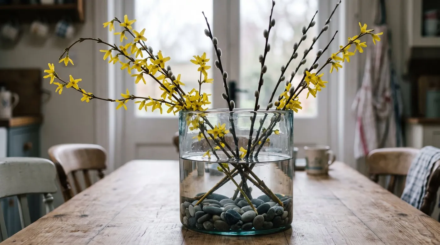 Forced forsythia and pussy willow branches held by pebbles in a wide glass vase on a kitchen table