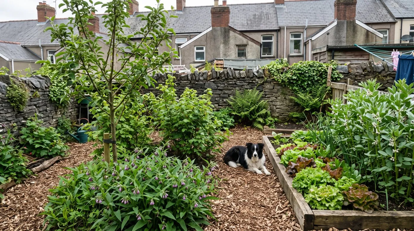 Young forest garden of apple, blackcurrants and comfrey beside a no-dig vegetable bed, with a dog on the path