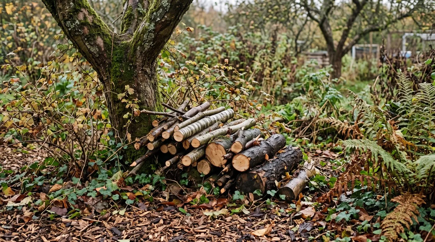 Log pile of cut branches at the base of a fruit tree among fallen leaves and wood chip mulch