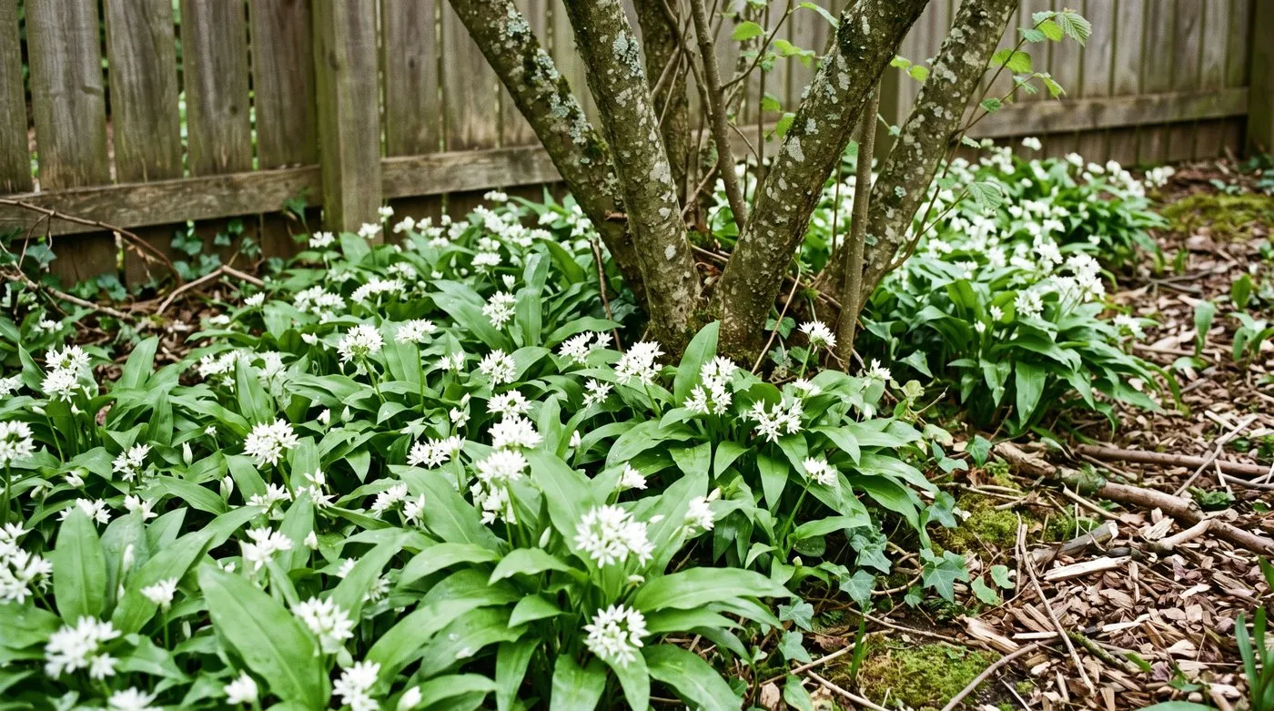 Wild garlic with broad green leaves and white starry flowers growing under a hazel in a shady garden corner