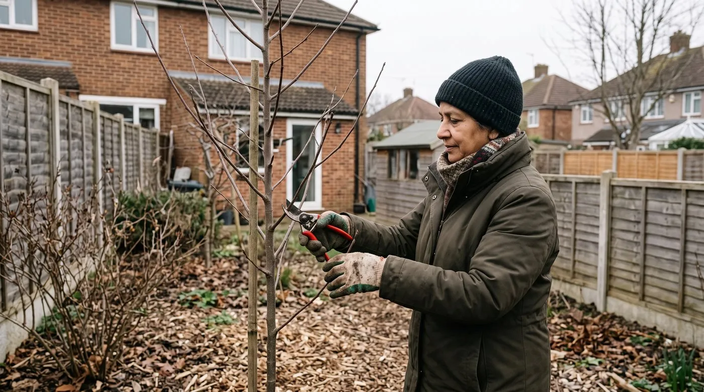 Gardener winter-pruning a young apple tree with secateurs above currant bushes and wood chip mulch