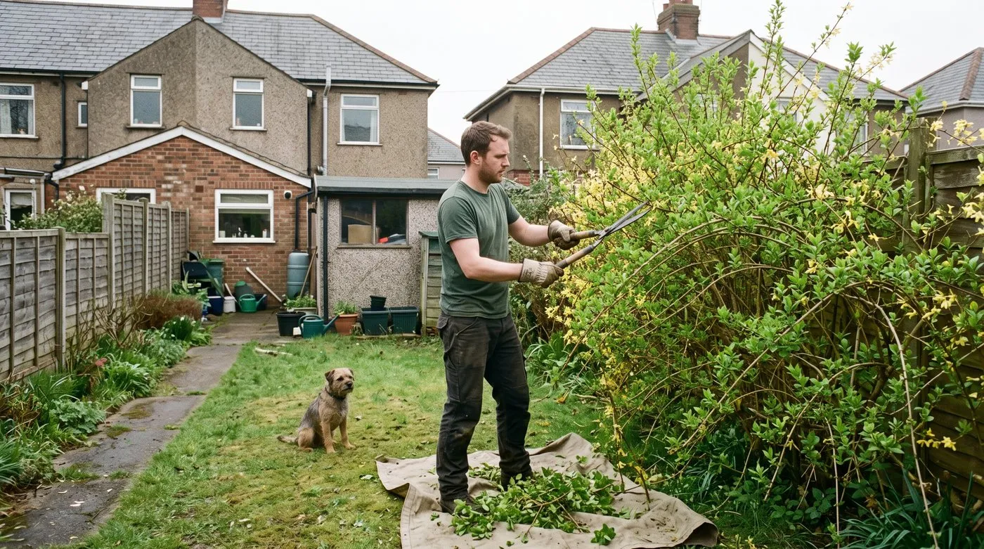 Man trimming a forsythia hedge with shears just after flowering while a Border terrier watches