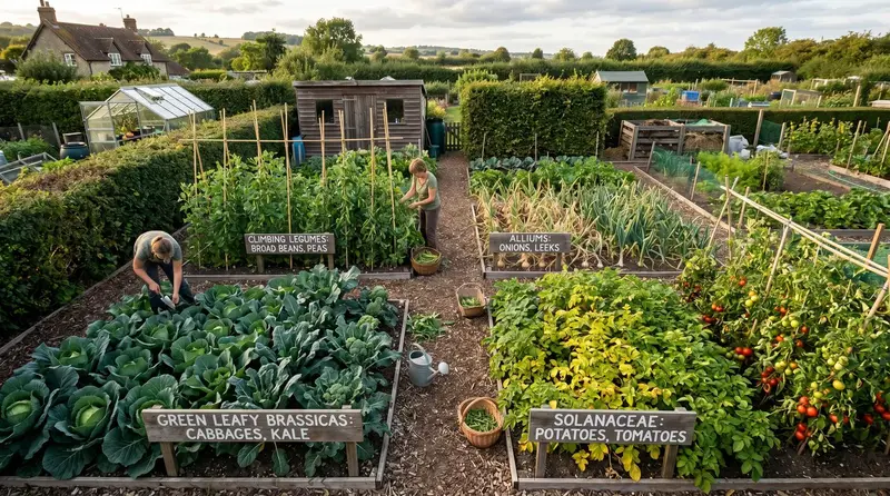 UK vegetable garden divided into four distinct sections marked with painted wooden signs showing brassicas, legumes