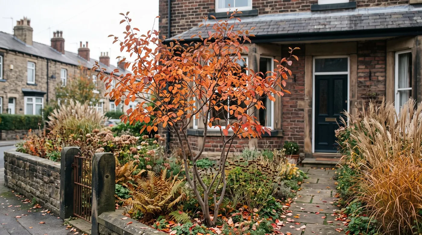 Multi-stemmed Amelanchier with orange and red autumn leaves in a small front garden