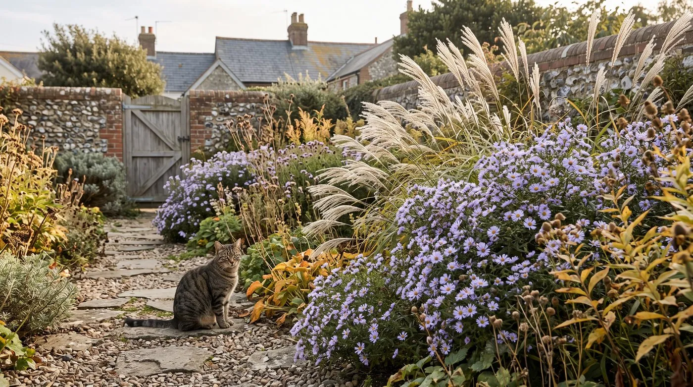 Border of mauve asters and feathery grass plumes in late September with a tabby cat on the path