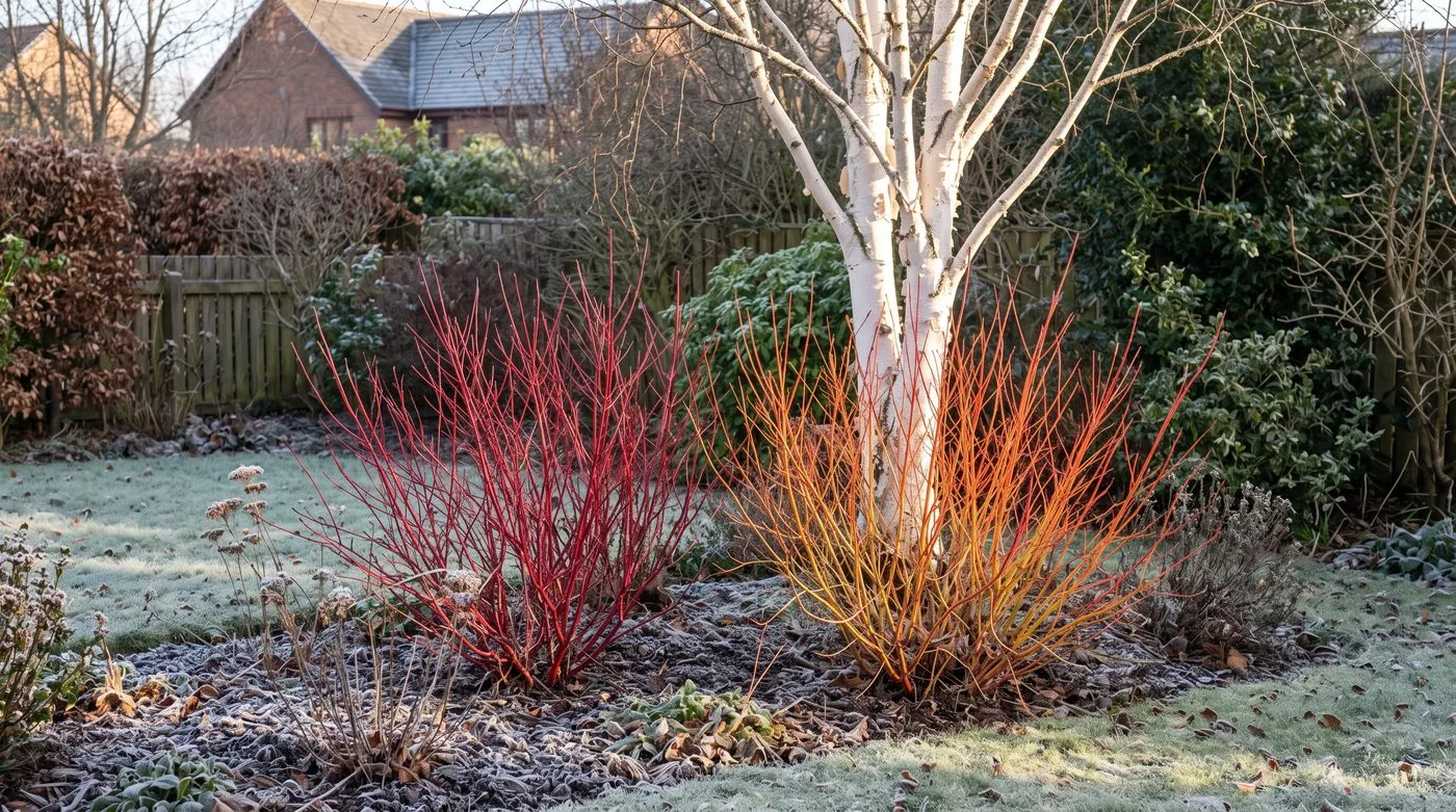 Red and orange dogwood stems in front of a white-barked birch in low winter sunshine
