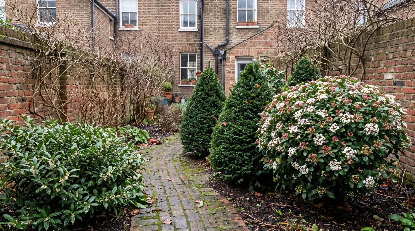 Courtyard garden in winter with clipped yew, a flowering Viburnum tinus and Sarcococca beside a brick path