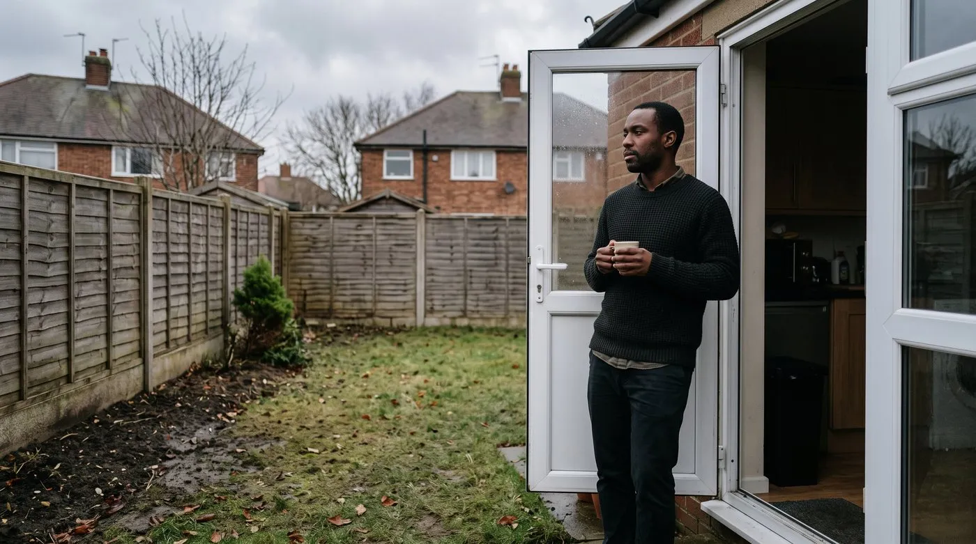 Man at a back door looking out at a bare November garden with only one small evergreen shrub
