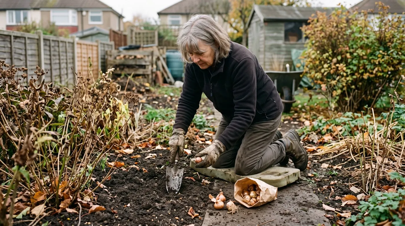 Older gardener planting daffodil and crocus bulbs with a trowel between cut-back perennials in autumn