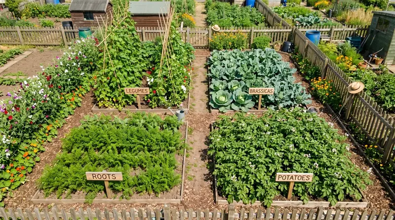 UK allotment laid out in four rectangular beds clearly labelled Legumes, Brassicas, Roots, Potatoes