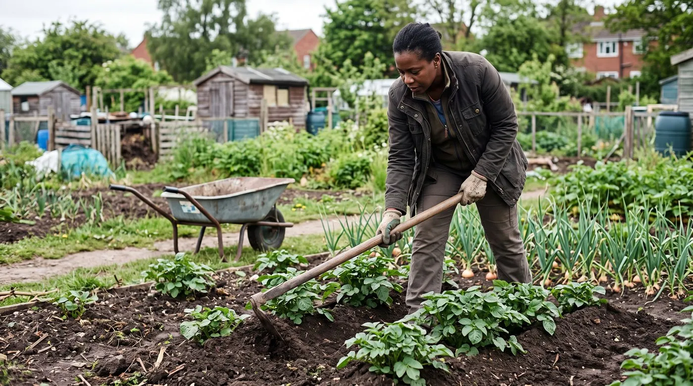 Gardener earthing up rows of young potato plants with a hoe on an allotment in May