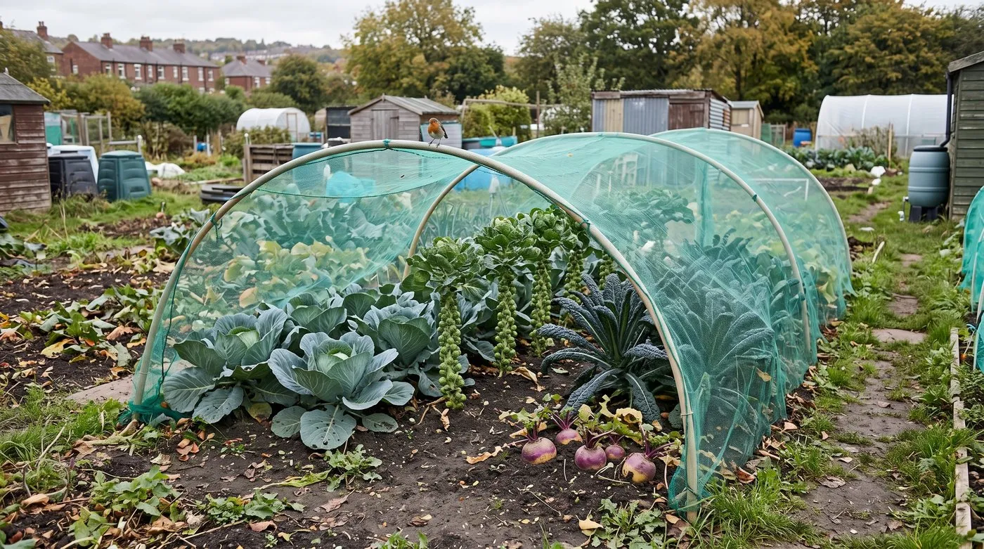 Netted allotment brassica bed with cabbages, Brussels sprouts, kale and a row of swedes