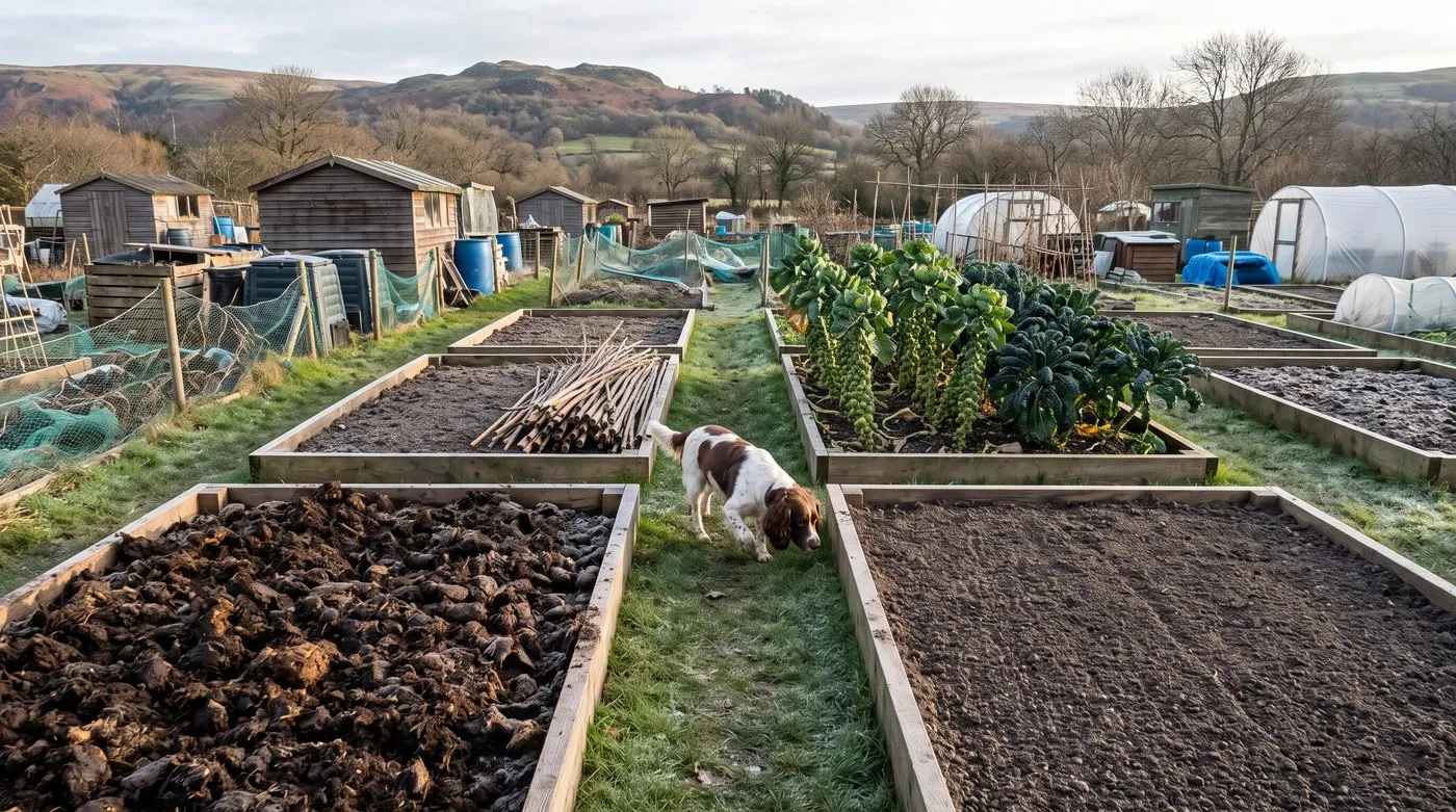 Four allotment beds in winter, one freshly manured, with the last sprouts and kale and a spaniel on the path
