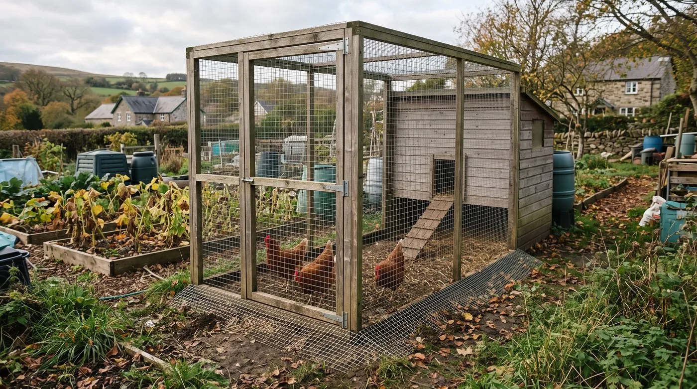 Walk-in chicken run of welded mesh with a mesh roof and a mesh skirt laid around the base, with hens inside