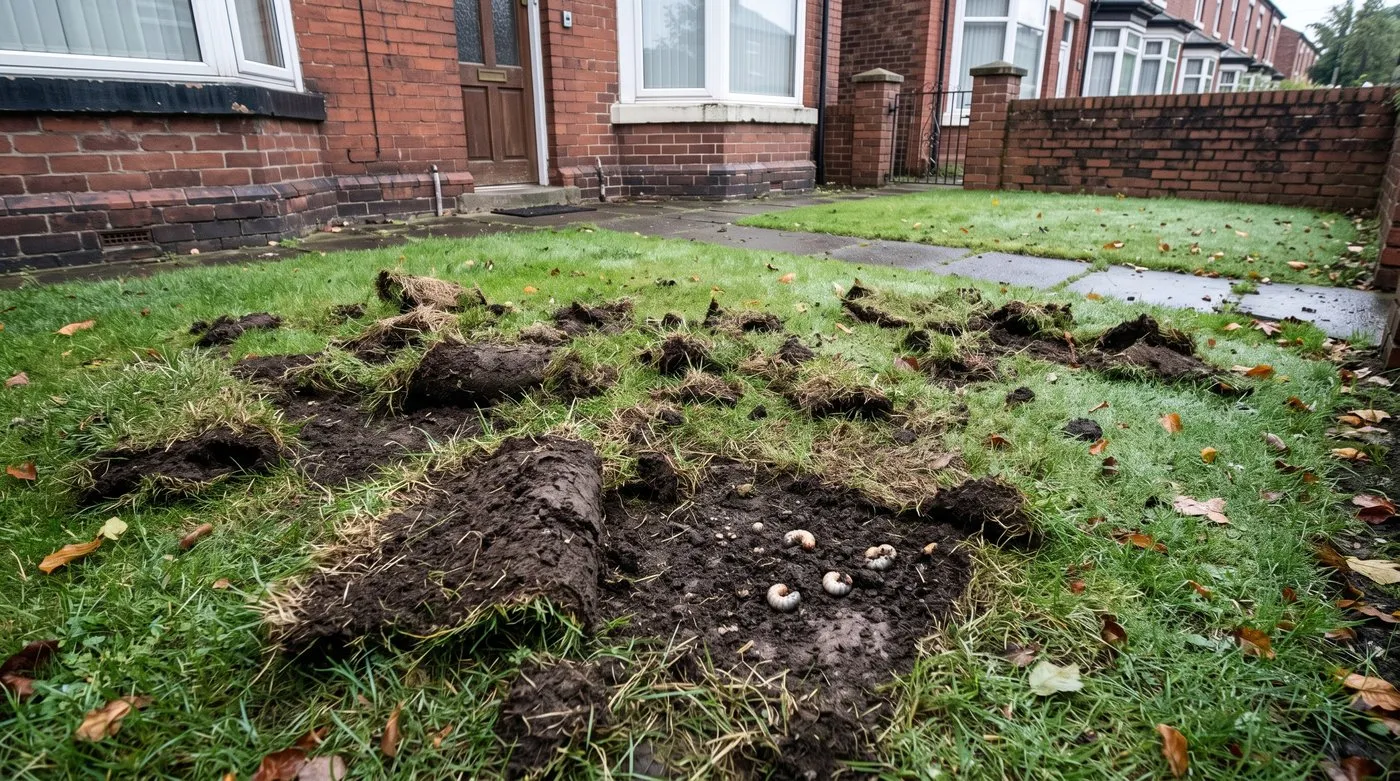 Lawn with patches of turf torn up and chafer grubs visible in the exposed soil