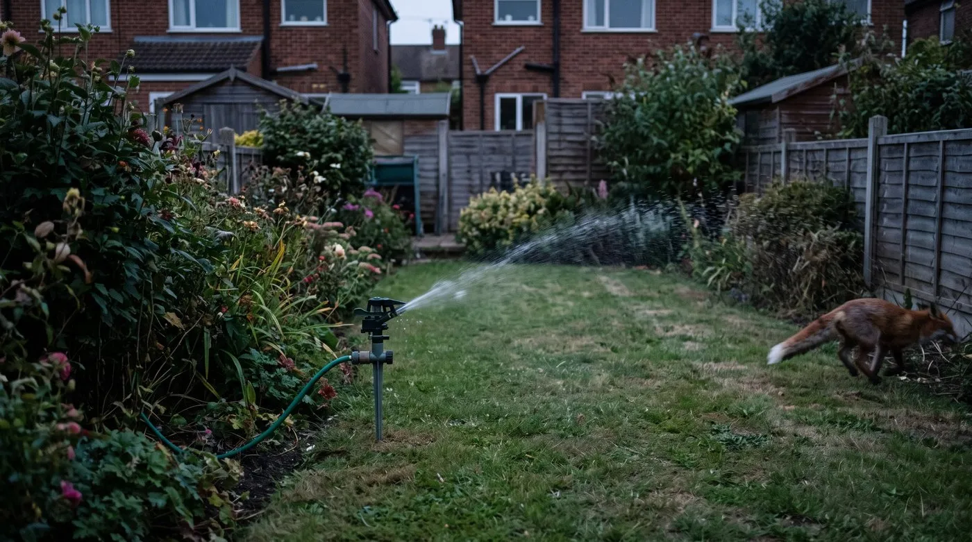 Motion-activated sprinkler spraying water across a lawn at dusk as a fox runs off