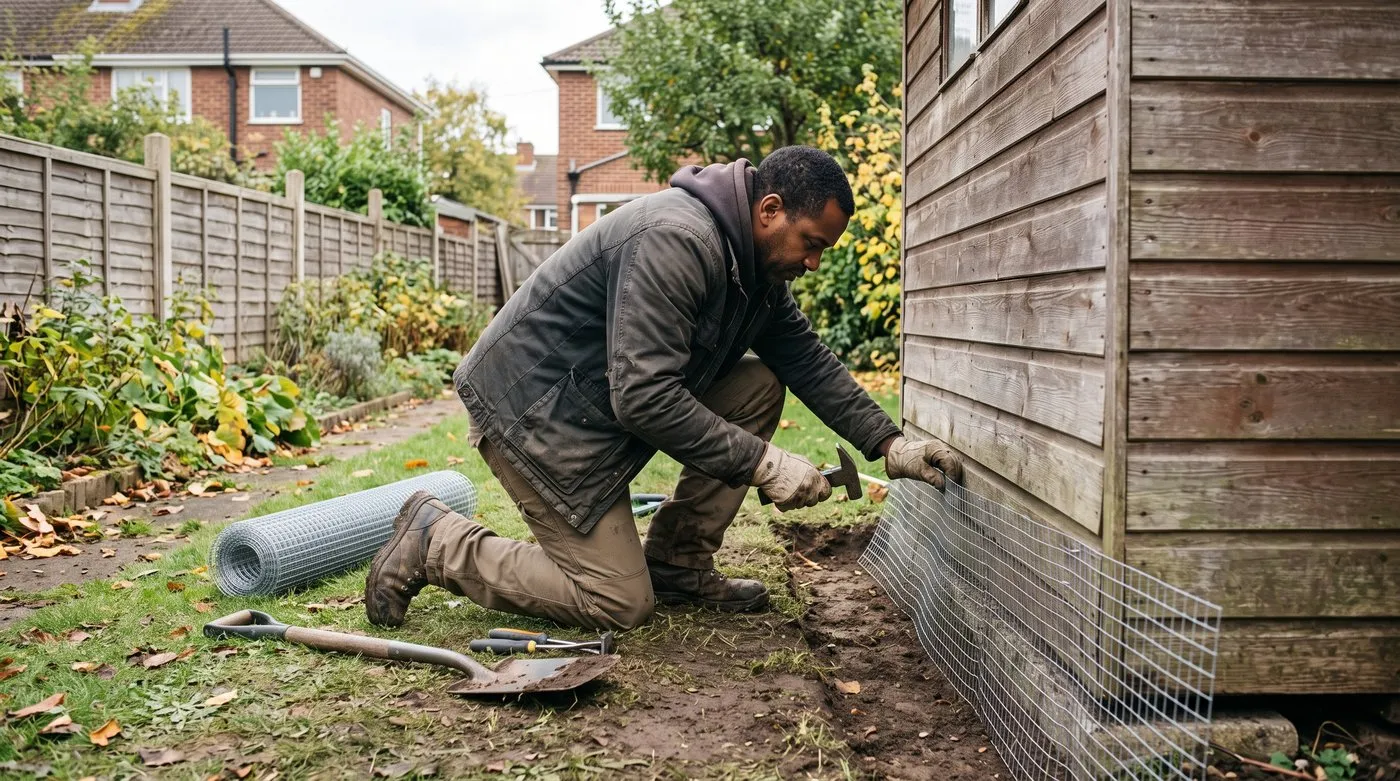 Gardener fixing welded mesh along the base of a shed to stop foxes digging underneath