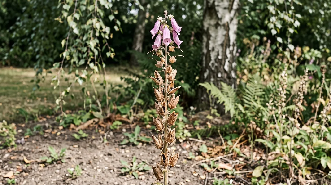 Foxglove spike with ripe brown seed pods splitting open over a patch of bare soil