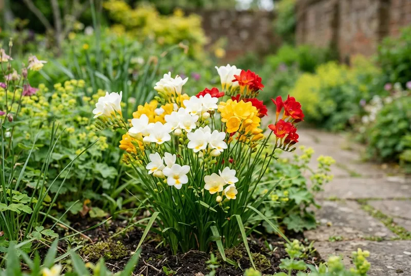 Freesia (Freesia x hybrida) growing in a UK garden