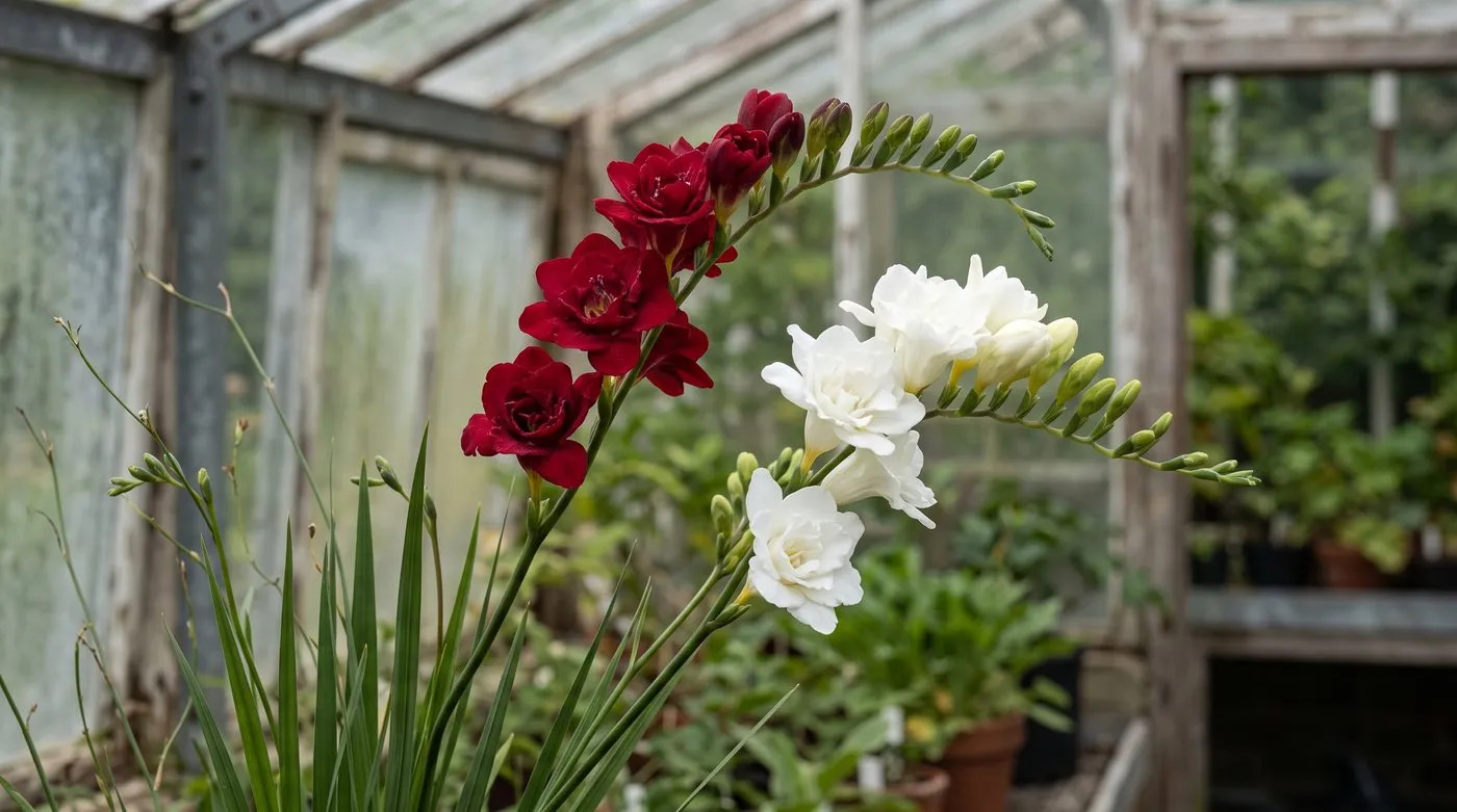 Double freesias in deep red and white with ruffled petals and buds opening along the stem