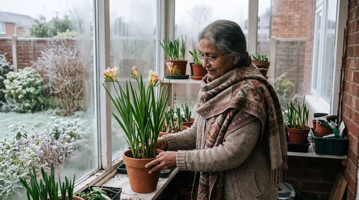 Older woman moving a pot of forced freesias onto a cool, bright porch windowsill in winter