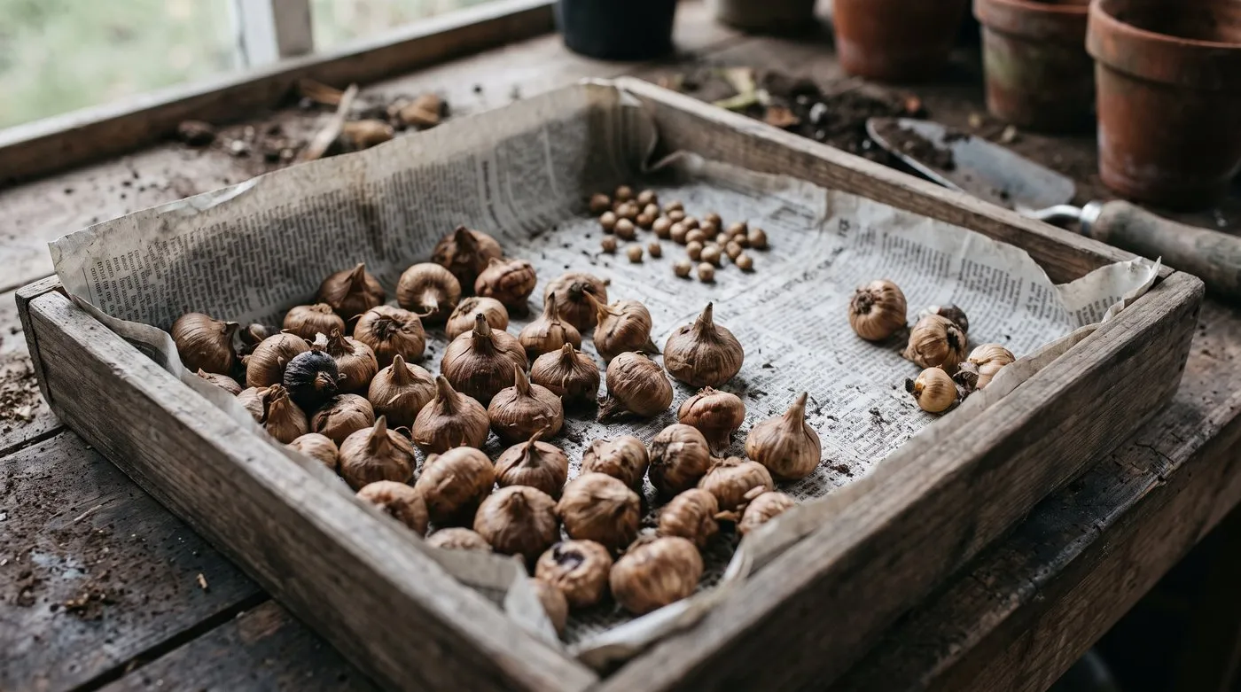 Lifted freesia corms with papery tunics drying on a tray, some still attached to old shrivelled corms