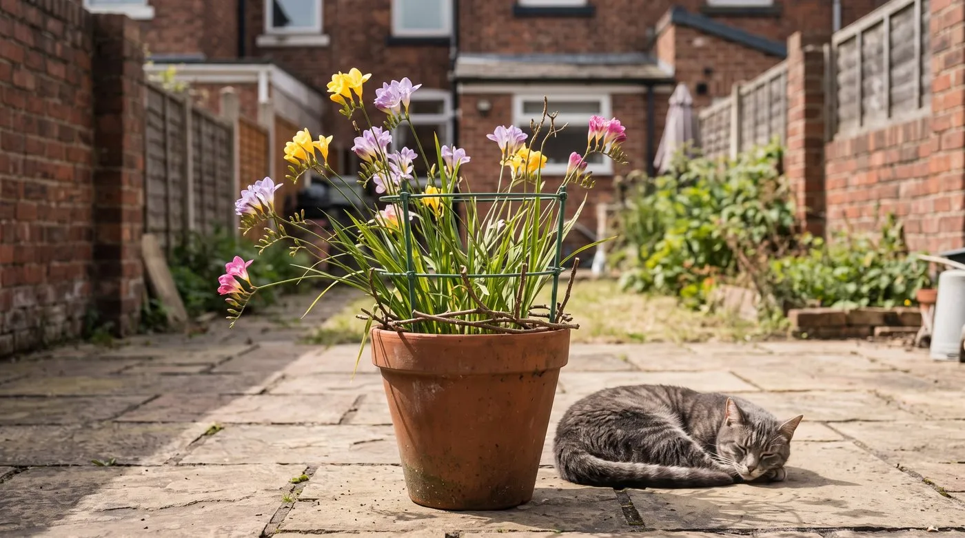 Freesias in a terracotta pot held up by a support ring and twiggy sticks, with a tabby cat on the patio