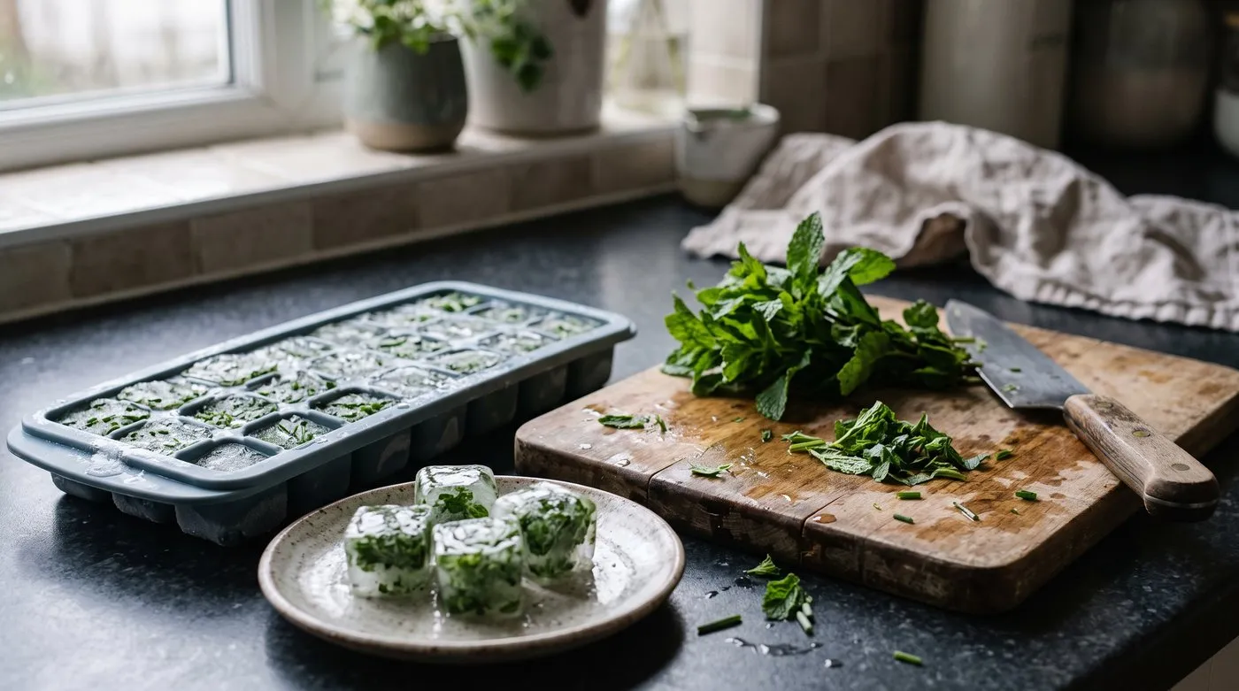 Ice cube tray of frozen chopped mint, parsley and chives from the garden
