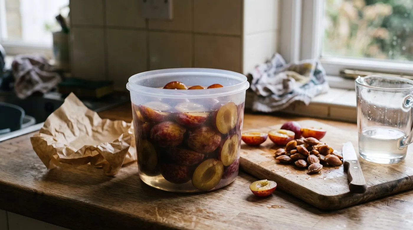 Halved Victoria plums packed in a freezer tub and covered in cold syrup ready to freeze