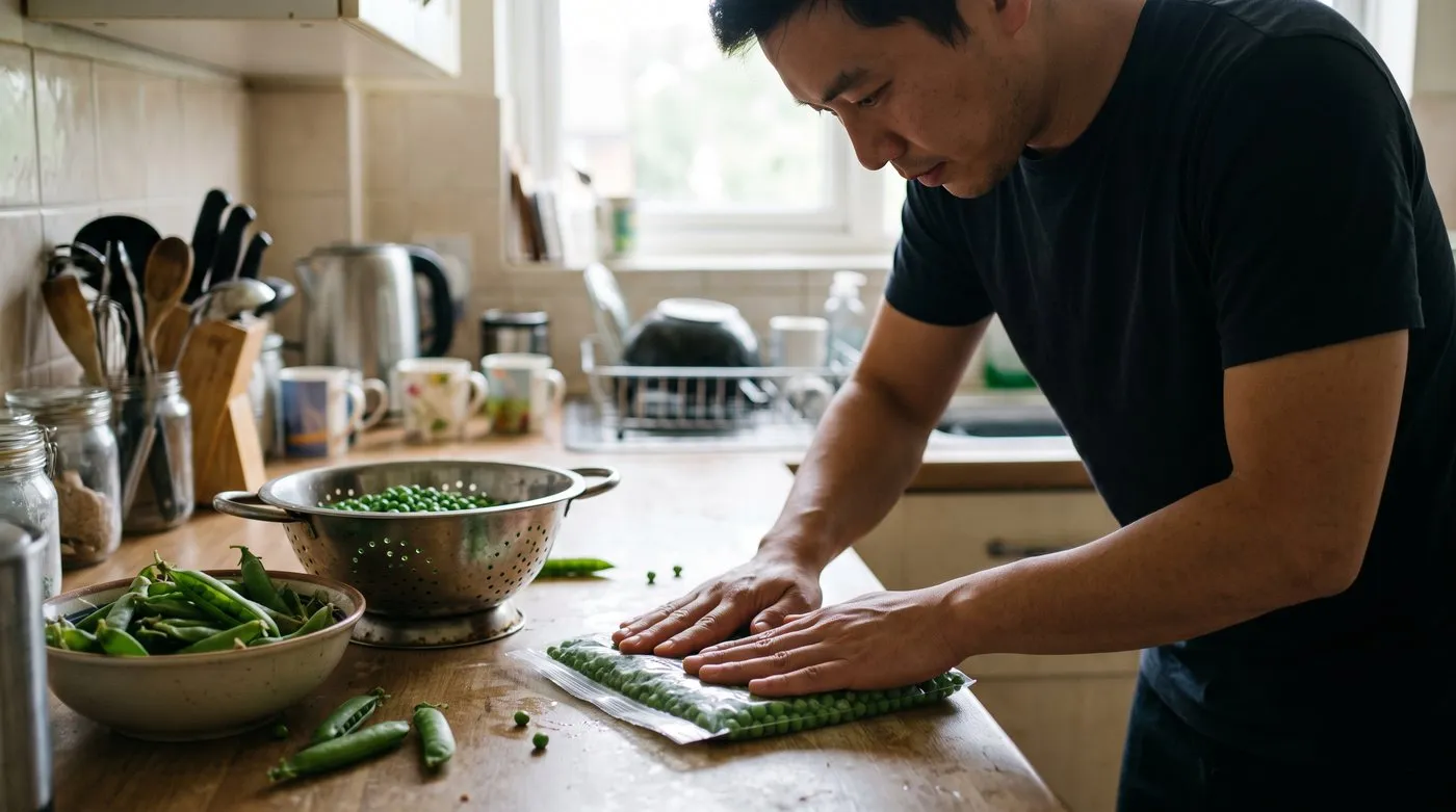 Pressing a freezer bag of home-grown peas flat to squeeze the air out before freezing