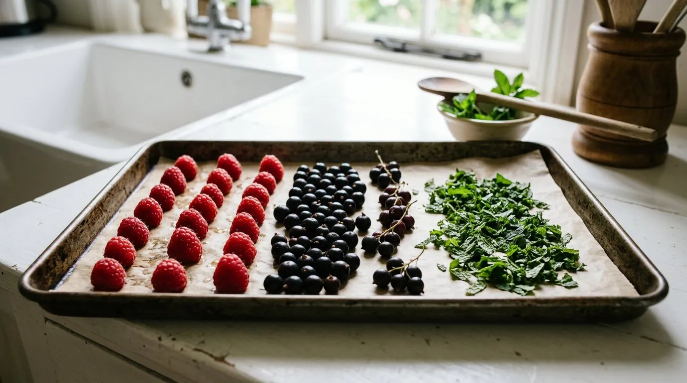 Freezing garden produce on a tray: berries and herbs spread for open freezing