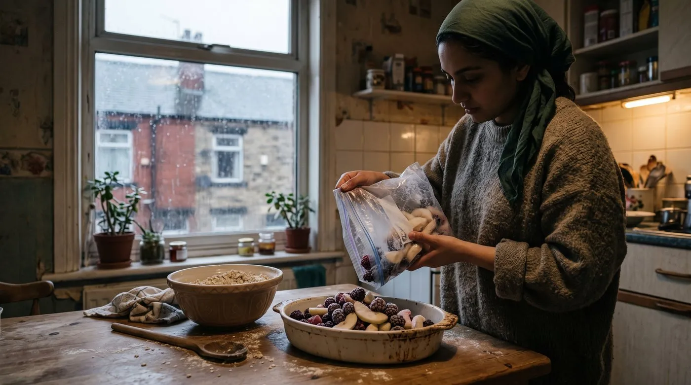 Frozen blackberries and apple slices tipped from a freezer bag into a crumble dish