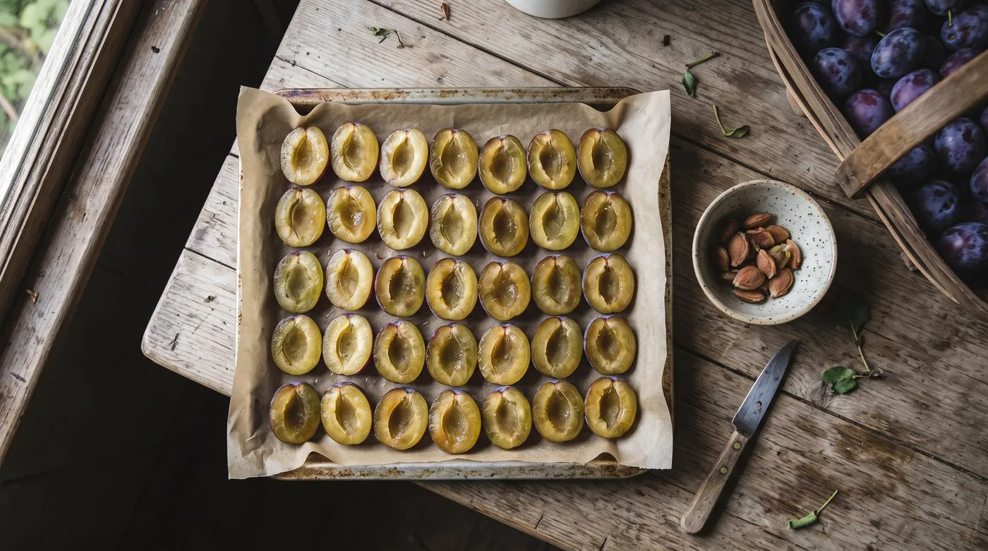 Halved and stoned Victoria plums laid cut side up on a lined tray ready for freezing