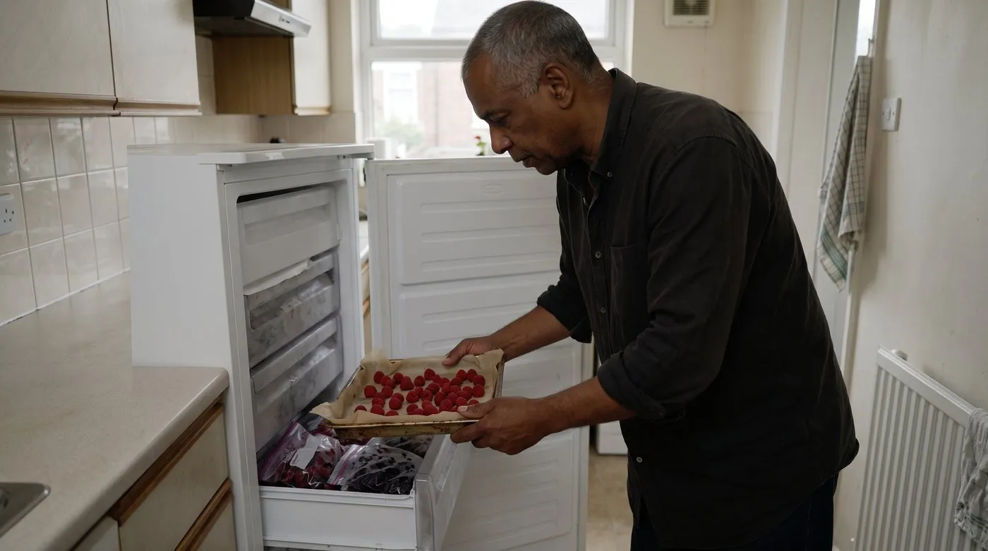 Man sliding a tray of raspberries in a single layer into a freezer drawer to open-freeze