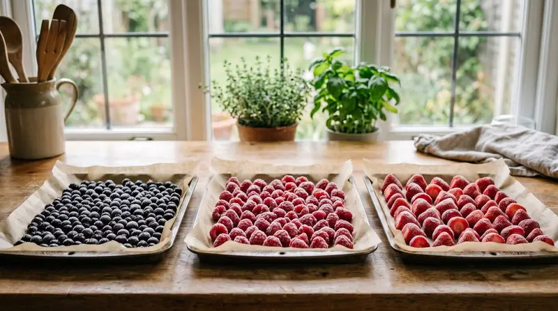 Three UK baking trays of open-frozen fruit on a kitchen worktop: blackcurrants