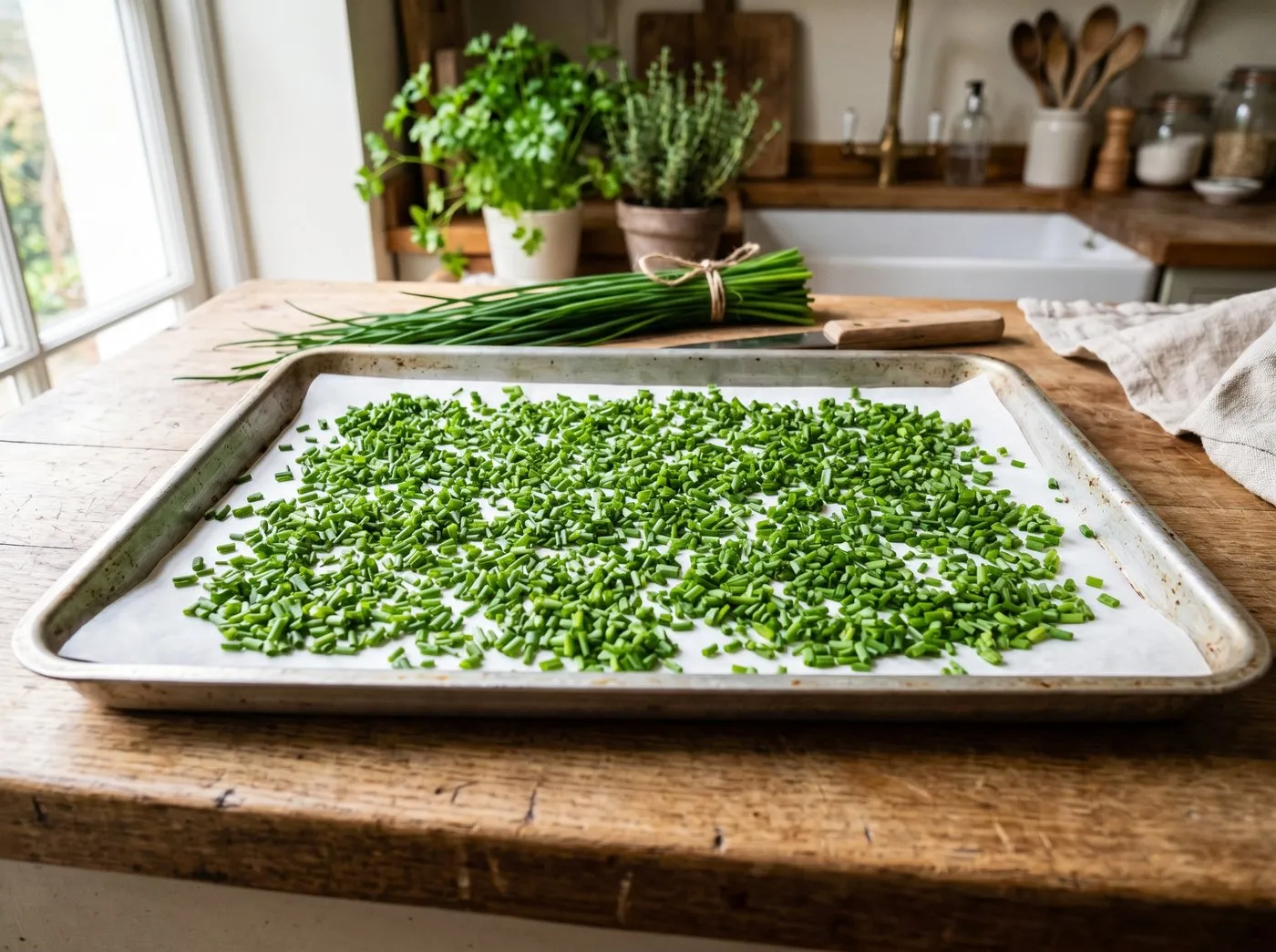 UK baking tray covered in evenly spaced chopped chives ready for flash-freezing, the bright green pieces in a single layer on white parchment paper