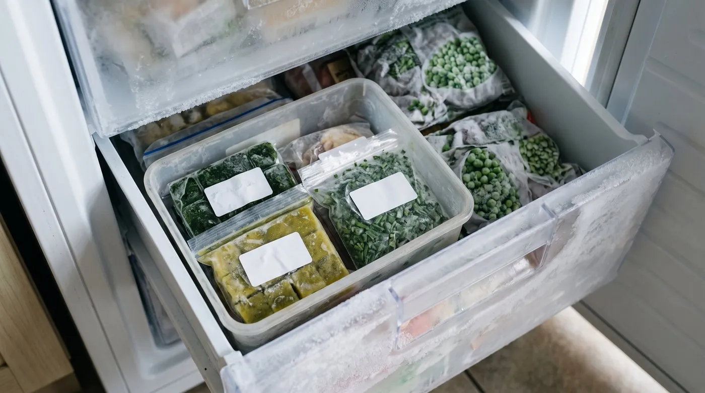 Box of bagged herb ice cubes and frozen chives in an open freezer drawer
